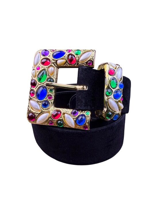 Express Womens Black Leather Belt Gold Jeweled Buckle Sz M
